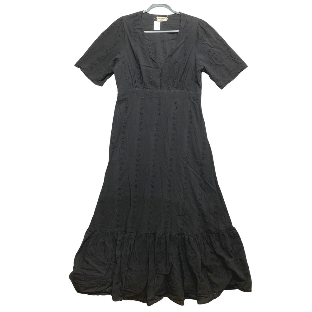 Porridge Clothing Maxi Dress Medium Black Boho Cotton Eyelet Embroidered  V-Neck
